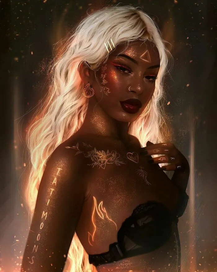 Digital art of a woman embodying zodiac signs and elements, with glowing symbols and celestial tattoos on her skin.