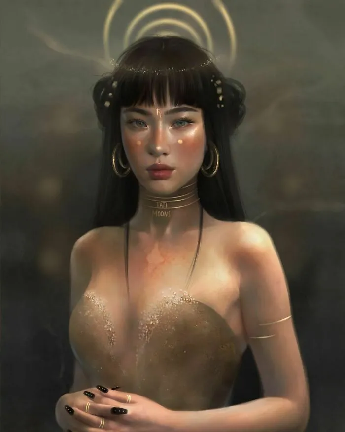 Digital art of a woman embodying zodiac signs, planets, and elements with celestial and mystical features.
