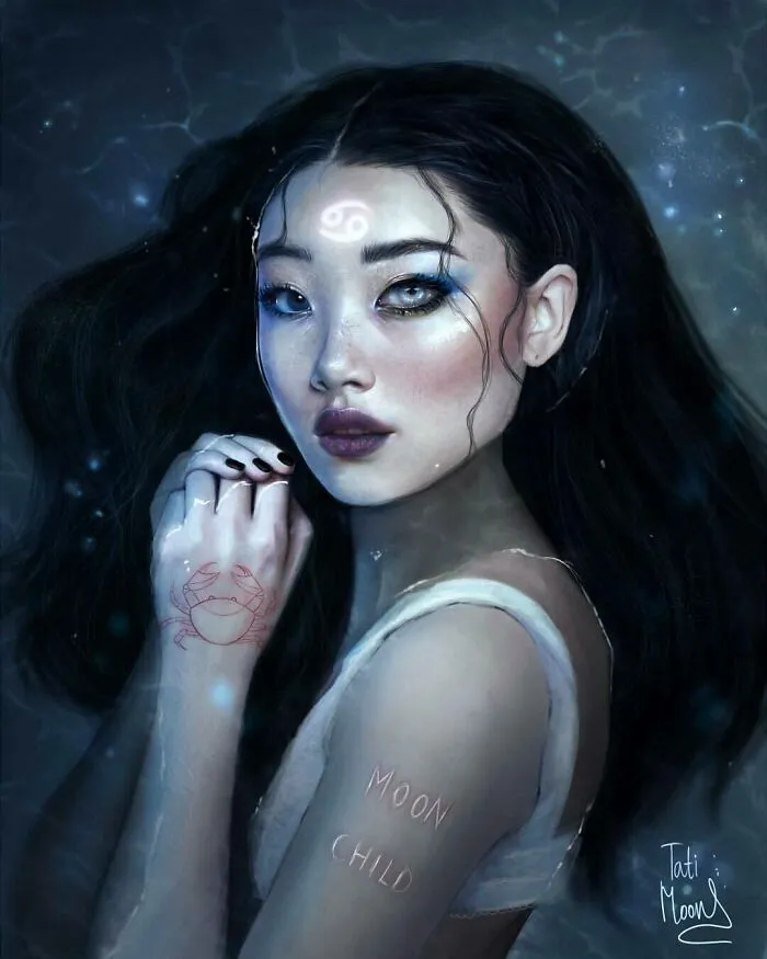 Digital portrait of a woman representing zodiac signs and elements with Cancer symbol and moonchild tattoo on arm.