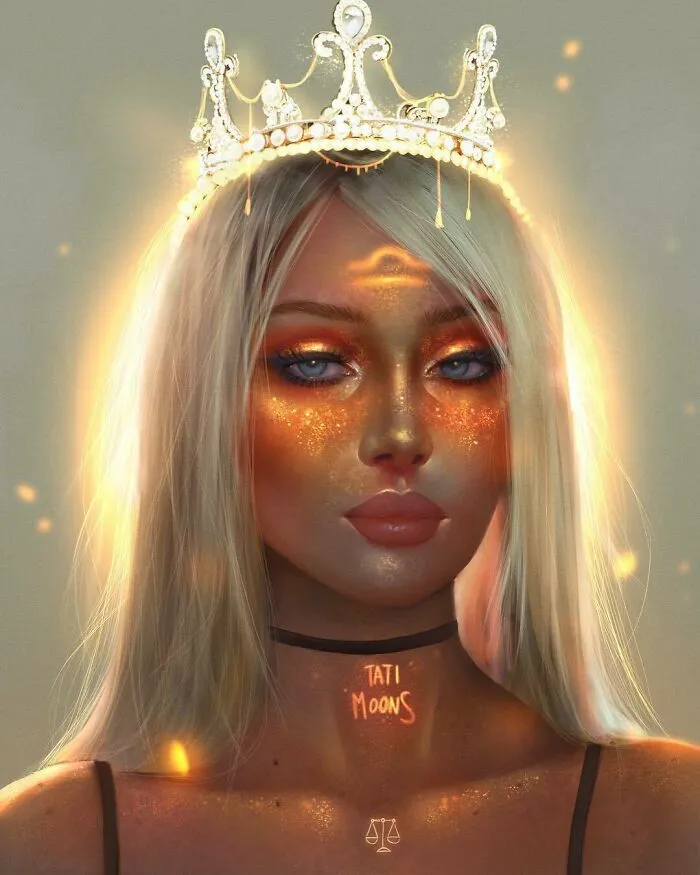 Digital portrait of a woman representing zodiac signs with glowing golden skin and a crown, inspired by astrology elements.