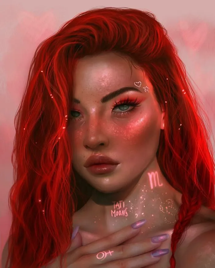 Digital artwork of a woman with red hair and glowing zodiac signs and planets, imagining zodiac signs as women.