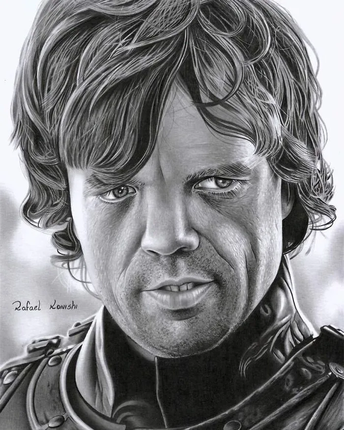 Realistic drawing by Rafael Konishi, depicting a detailed portrait of a person in medieval-style armor.