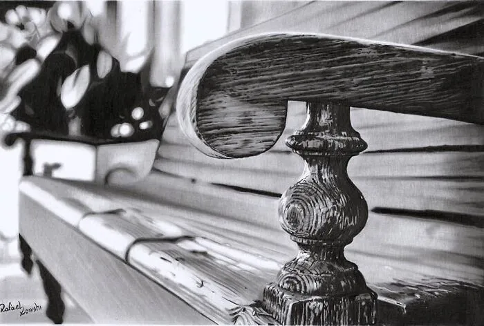 Realistic drawing of a wooden bench by artist Rafael Konishi, showcasing intricate wood textures and details.