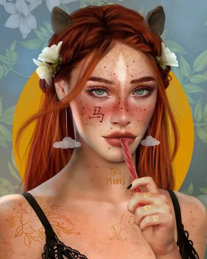 Red-haired woman with freckles and floral tattoos, representing zodiac signs and elements imagined as women.
