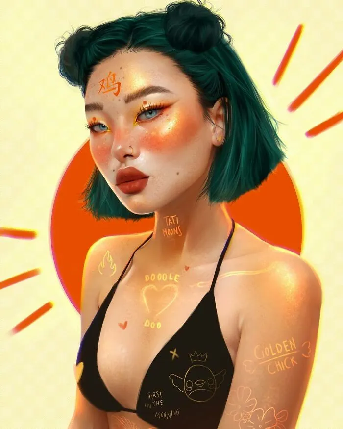 Digital artwork of a woman representing zodiac signs, planets, and elements with vibrant colors and symbolic tattoos.