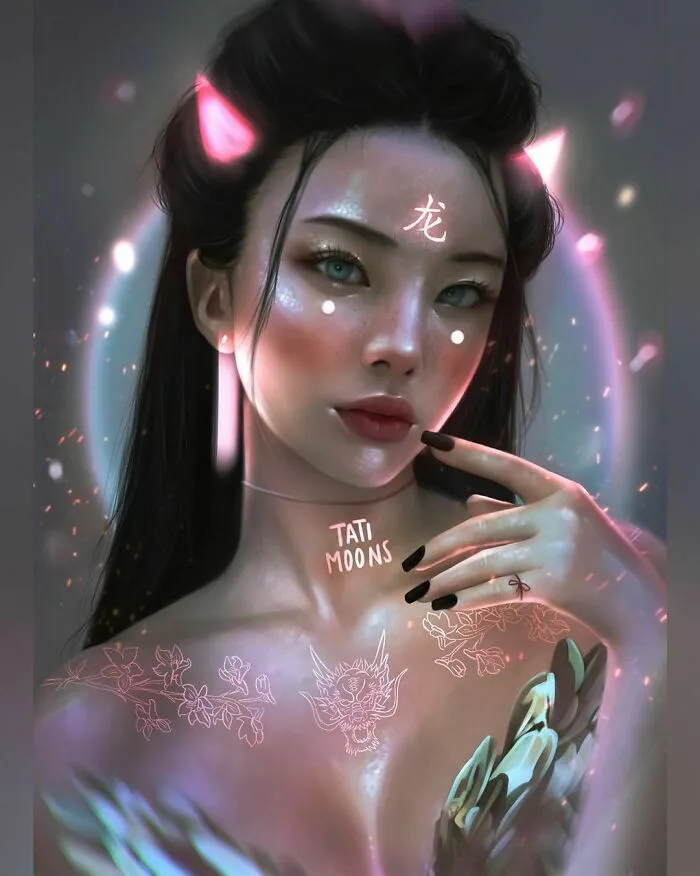 Digital art of a woman representing zodiac signs, planets, and elements with glowing tattoos and ethereal lighting effects.