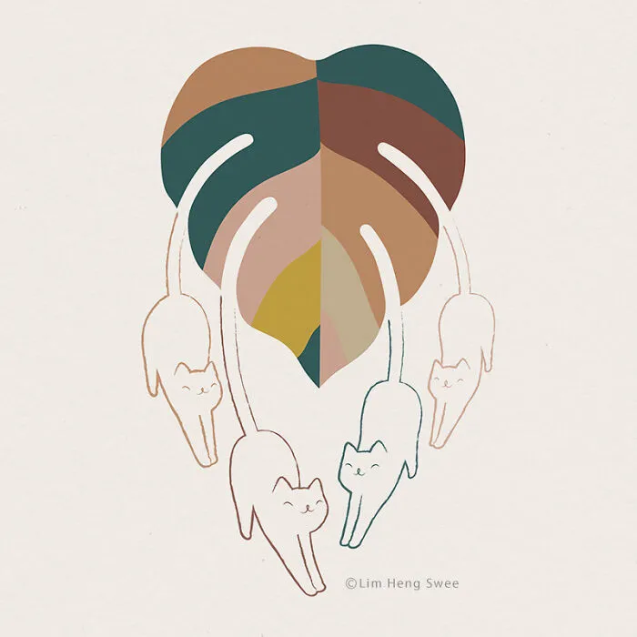 My 14 Minimal Illustrations With Cats And Monstera Plants