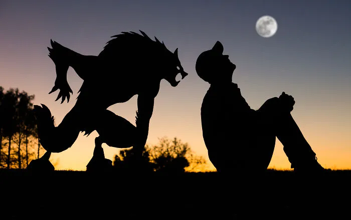 Silhouettes of a person and a cardboard cutout at sunset, with a full moon in the sky, capturing a Valentine's Day mood.