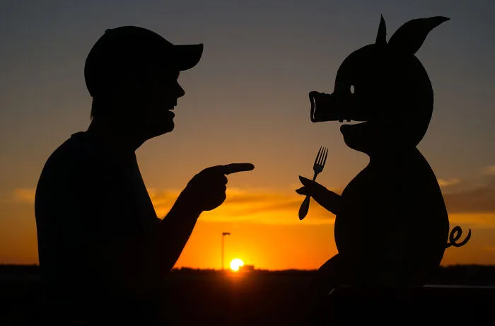 Silhouette of a person and a pig cardboard cutout at sunset for a Valentine's Day theme.