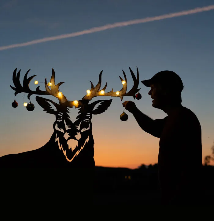 Cardboard cutout of a deer with lights at sunset, setting the mood for Valentine’s Day.
