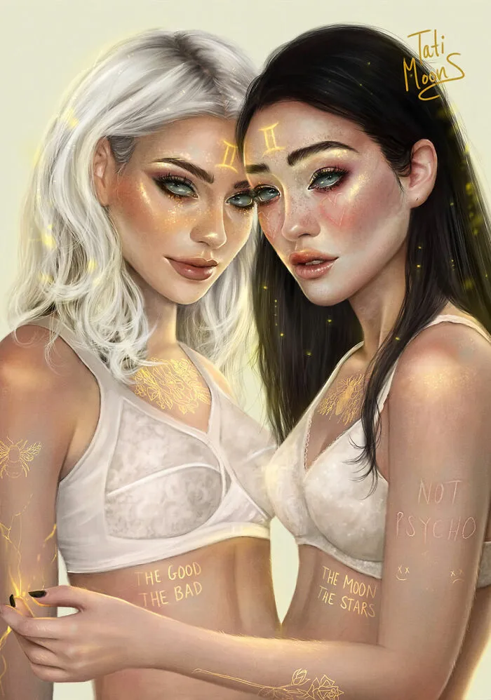 Two digital portraits of women embodying zodiac signs with glowing symbols and celestial elements, inspired by astrology art.