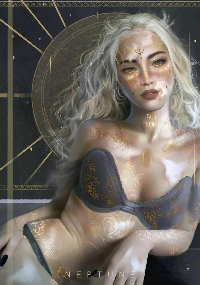 Digital artwork of Neptune personified as a woman with celestial tattoos, glowing skin, and flowing silver hair, zodiac signs inspired.