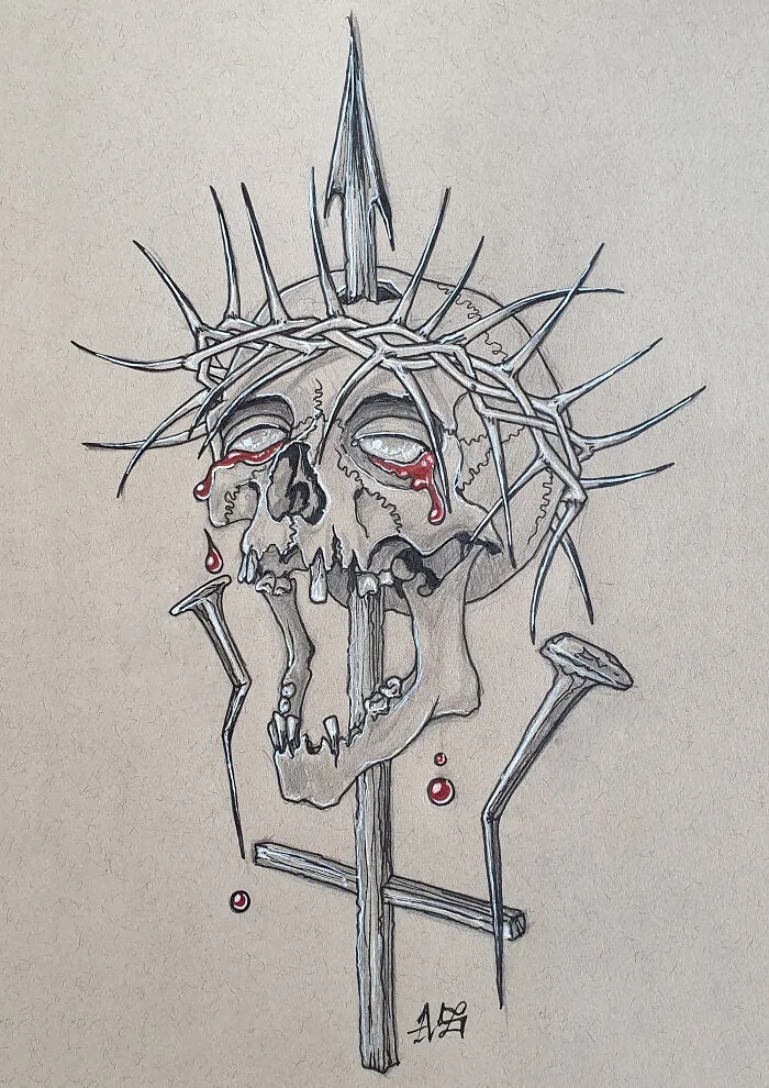 Religion (Upside Down Cross Piercing Trough A Skull Who Is Wearing A Thorn Crown Similar Like Jesus Christ Was Wearing And Two Nails Witch Represent The Nails From The Crucifixion Of Christ)