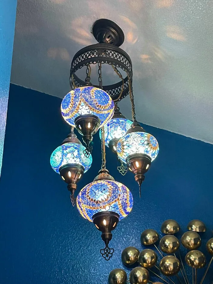 Lamp I Found At An Antique Store, Loved It So Much I Had It Repurposed And Hung It From The Ceiling In My Bathroom.  $120 Well Spent!