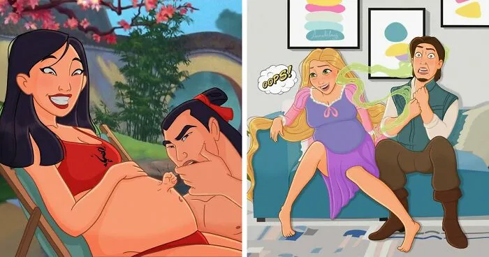 Artist Shares Her Journey Of Expecting A Baby By Drawing Disney Princesses Going Through Pregnancy (9 Pics)