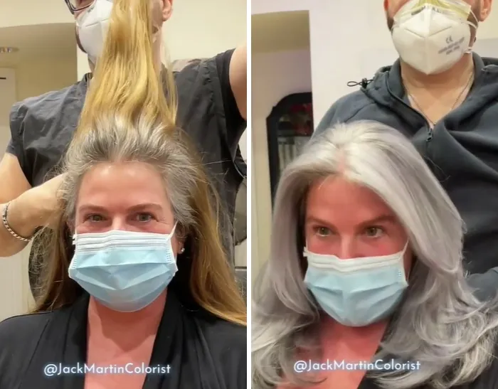 Woman with natural grey hair transformation by hairstylist, showing before and after embracing grey hair with confidence.