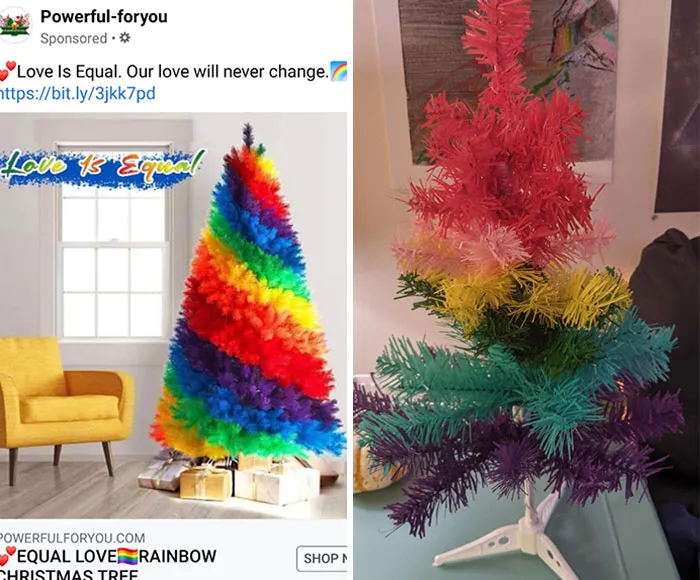 Pedí un árbol arco iris de 1,8m de altura de un anuncio de Facebook y esto es lo que apareció. Estoy llorando de tanto reír, nunca me ha pasado esto en la vida real