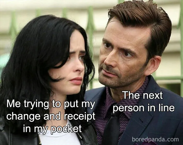 Two people in a meme, with captions about pocketing change, capturing relatable humor.