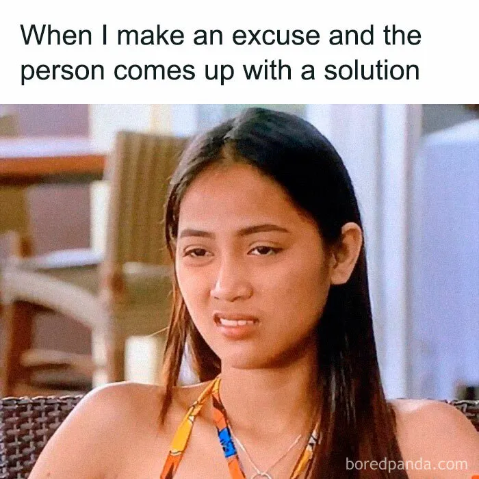 Woman making a skeptical face, captioned funny meme about excuses and solutions.