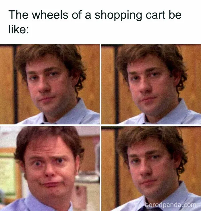 Four-panel meme relatable to uneven shopping cart wheels featuring humorous facial expressions.