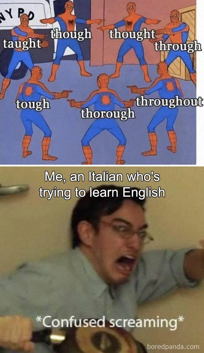 Spider-Man meme pointing at spelling variations, relating to English learning confusion, with a man screaming humorously.