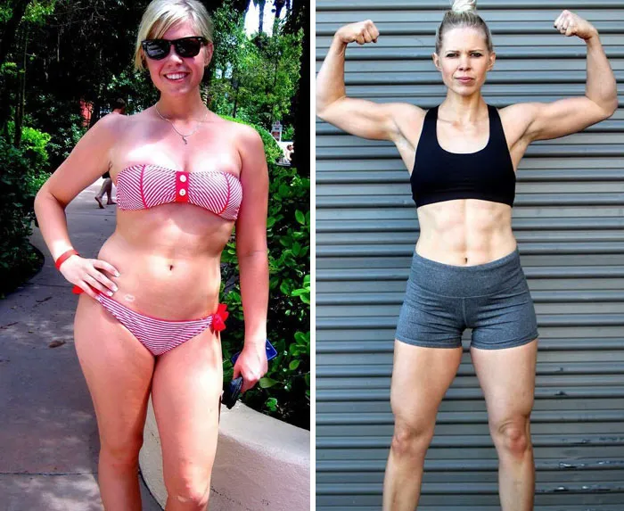Estas fotos tienen 7 años de diferencia y peso exactamente lo mismo (63,5 kg) en ambas. ¿No es una locura? Mi cuerpo se ve completamente diferente pero la báscula los lee como el mismo