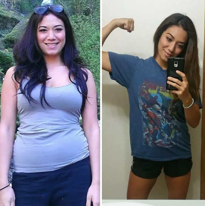 Sólo hay una diferencia de 1,3 kilos entre estas dos fotos. Siempre me he mantenido alrededor de 63,5 kilos, pero he bajado 7 tallas de pantalón porque he cambiado mi composición corporal