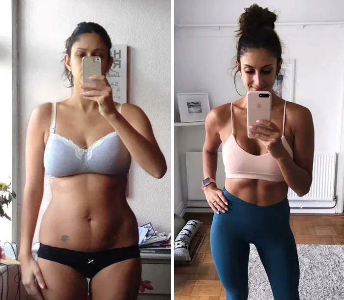 La misma persona, el mismo peso, pero los dos cuerpos son diferentes. De 34 a 36 años, ambos con 63 kg.