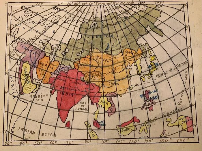 Ya que os gustó el dibujo de África que hizo mi bisabuelo a los 12 años, aquí tenéis uno de Asia (1910 aprox.)