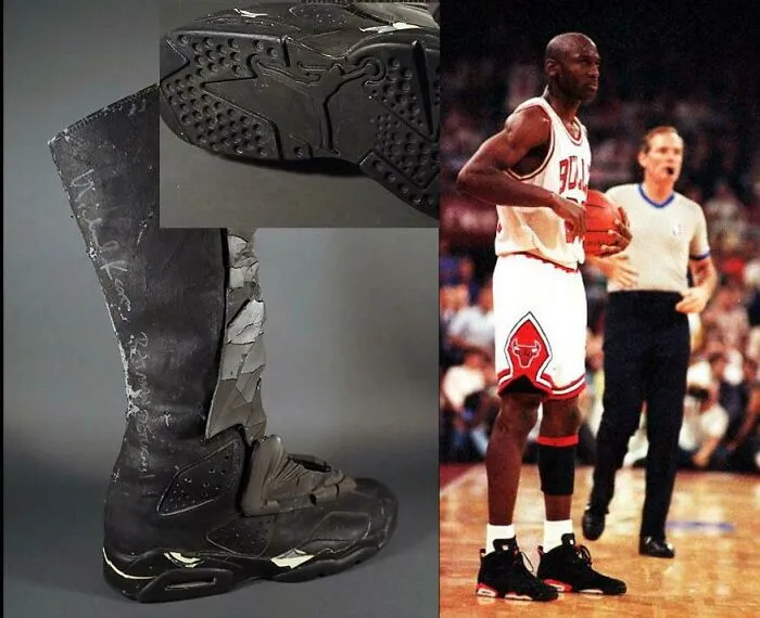 Batman's Boots In Batman Returns Are Just Air Jordan 6s With An Extended Top And Foam Glued On. The Sole Even Still Has The Jordan Logo