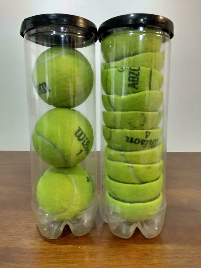 Cutting Your Tennis Balls In Half Allows You To Store Two More Balls In Each Can, Saving Space
