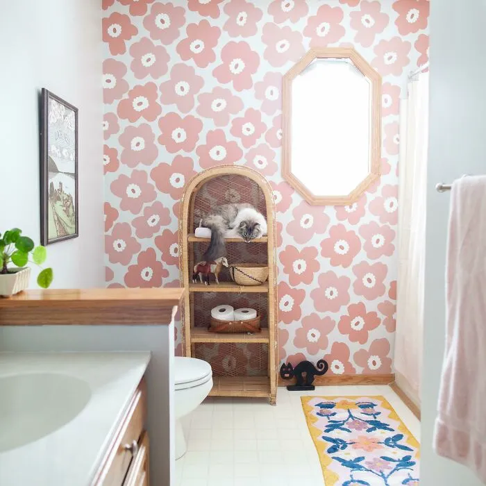 I Really Wanted Wallpaper In Our Bathroom, But I Couldn’t Afford It...so I Painted It! I Used Leftover Paint Samples From Another Project. I Hand Sketched The Flowers Based On A Marimekko Pattern