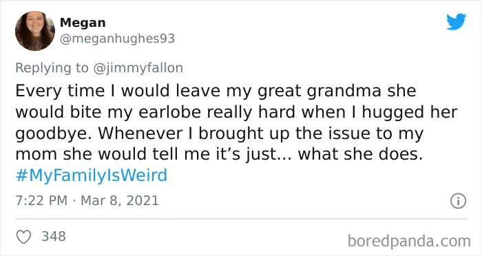 Screenshot of a tweet sharing a funny my family is weird story about a great grandma biting an earlobe.