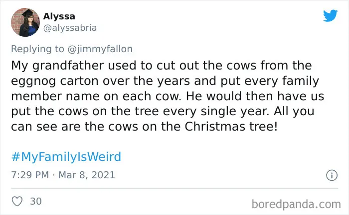 Tweet about a funny family tradition involving cutting out cows and placing them on a Christmas tree as shared for the My Family Is Weird challenge.