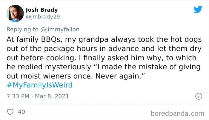 Tweet sharing a weird family story about grandpa drying hot dogs before cooking for a funny family is weird challenge.