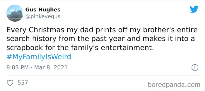Tweet showing a funny story about family quirks from the My Family Is Weird challenge on social media.