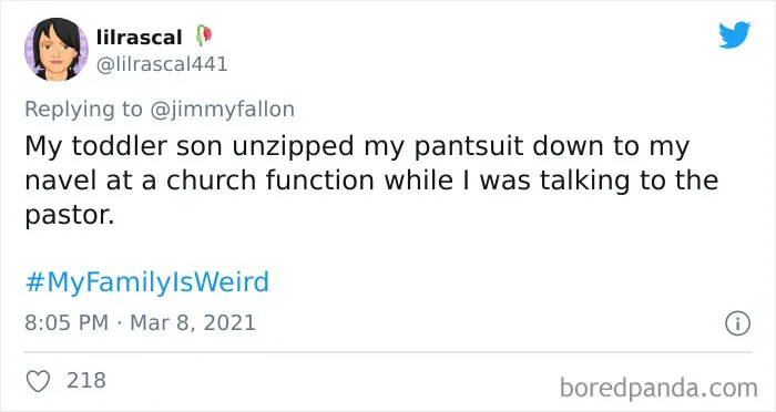 Tweet sharing a funny my family is weird story about a toddler unzipping a pantsuit at a church event.
