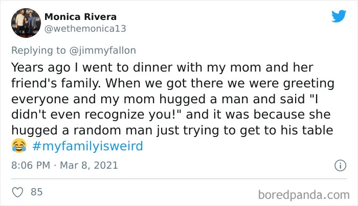 Tweet showing a funny family story shared for the my family is weird challenge on social media by Jimmy Fallon fans.