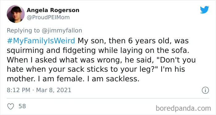 Tweet from user sharing a funny My Family Is Weird story about a son’s quirky comment while lying on the sofa.