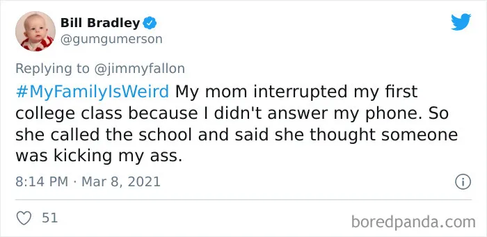 Tweet from Bill Bradley sharing a funny My Family Is Weird story about his mom interrupting his college class.