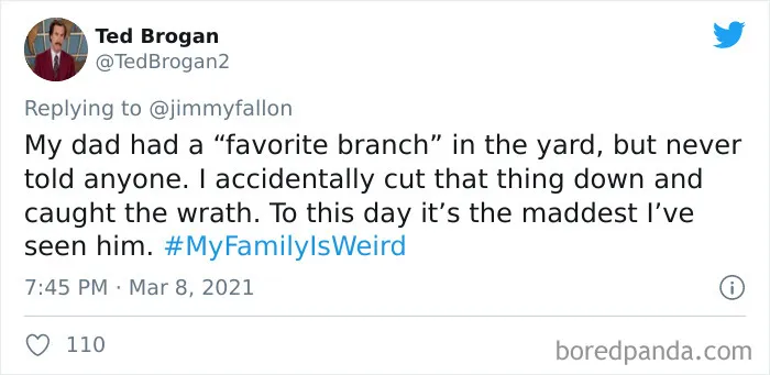 Tweet from Ted Brogan sharing a funny story about his weird family branch, part of My Family Is Weird challenge.