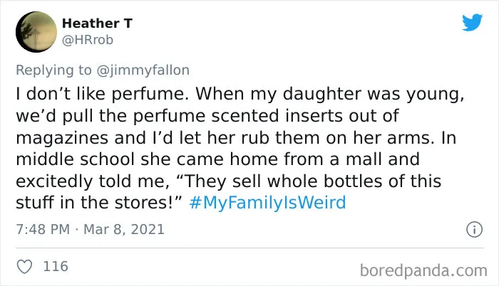 Tweet showing a funny family story shared for Jimmy Fallon’s My Family Is Weird challenge about perfume and scented magazine inserts.