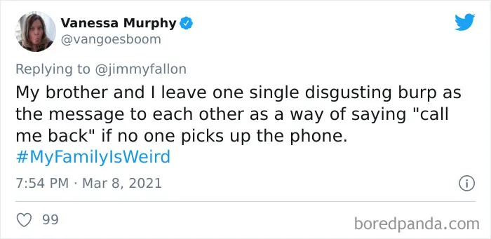 Tweet showing a funny family story from the My Family Is Weird challenge shared for Jimmy Fallon.