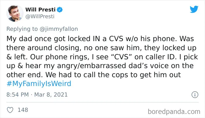 Tweet showing a funny story about a dad locked in CVS, shared as part of My Family Is Weird challenge on Twitter.