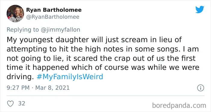 Tweet showing a funny family story shared for the My Family Is Weird challenge on Jimmy Fallon’s social media.