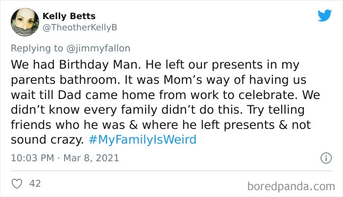 Tweet sharing a funny story about family traditions with the hashtag My Family Is Weird for a social media challenge.
