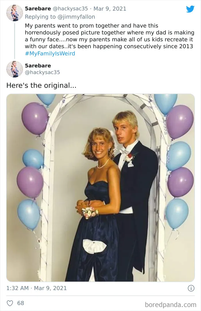 Young couple dressed for prom with balloons, part of funny my family is weird stories shared online.
