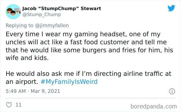 Tweet about a funny family story involving a gaming headset and a quirky uncle shared for My Family Is Weird challenge.