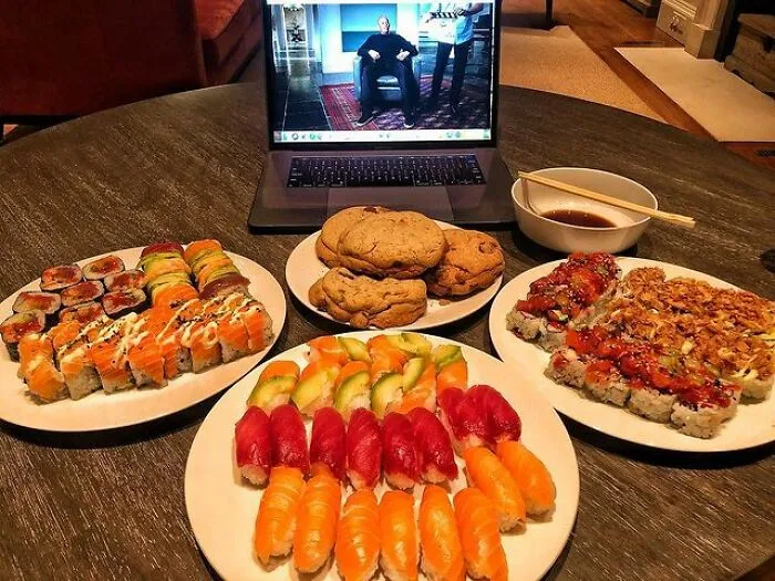 Sushi With Double Stuffed Chocolate And Peanut Butter Chip Cookies With Real Peanut Butter In The Middle On The Side