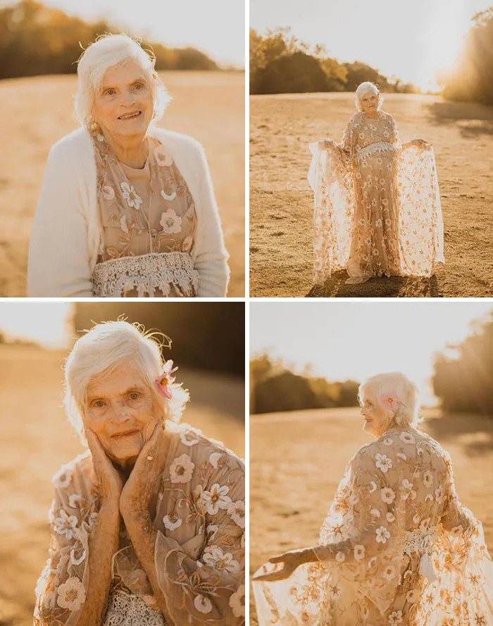 Se suponía que la clienta iba a llevar este vestido para su sesión que se canceló, así que le pregunté a la abuela de mi marido que tiene 87 años si quería hacer de modelo con el vestido para mí